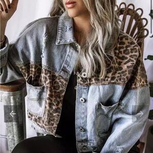 Womens Button Down Distressed Leopard Denim Jean Jacket Washed Long Slee…